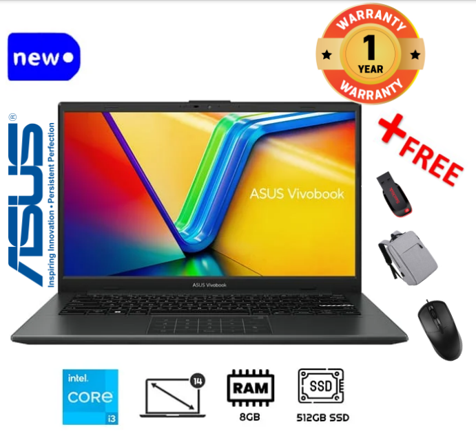 {FREE MOUSE+ BAG+ FLAS} Brand New Asus Vivobook 14 Intel Core i3 8GB RAM 512GB SSD Windows 11 14" FHD Display Brand New Laptop Computer Notebook New Laptops  Black, (1YR WRTY)