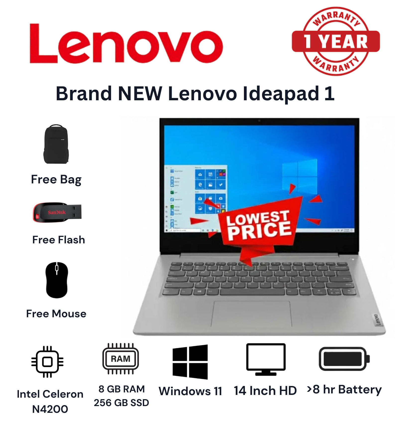 {FREE MOUSE+BAG+FLASH} Brand NEW Lenovo Ideapad 1 Celeron N4020 8GB RAM 256GB SSD | 14'' Inch HD display School & Business Laptop Computer Notebook  Windows 11 New Laptops Lenovo Laptop Computers