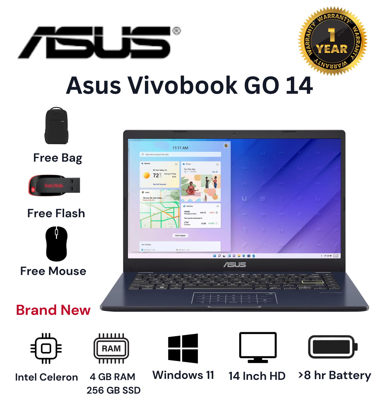 {Free mouse+Bag+flash} Brand New Asus Vivobook GO 14 Intel Celeron 4GB RAM 256GB SSD 14" FHD Display Windows 11 Brand New Laptop Computer Notebook New Laptops Black, (1YR WRTY)