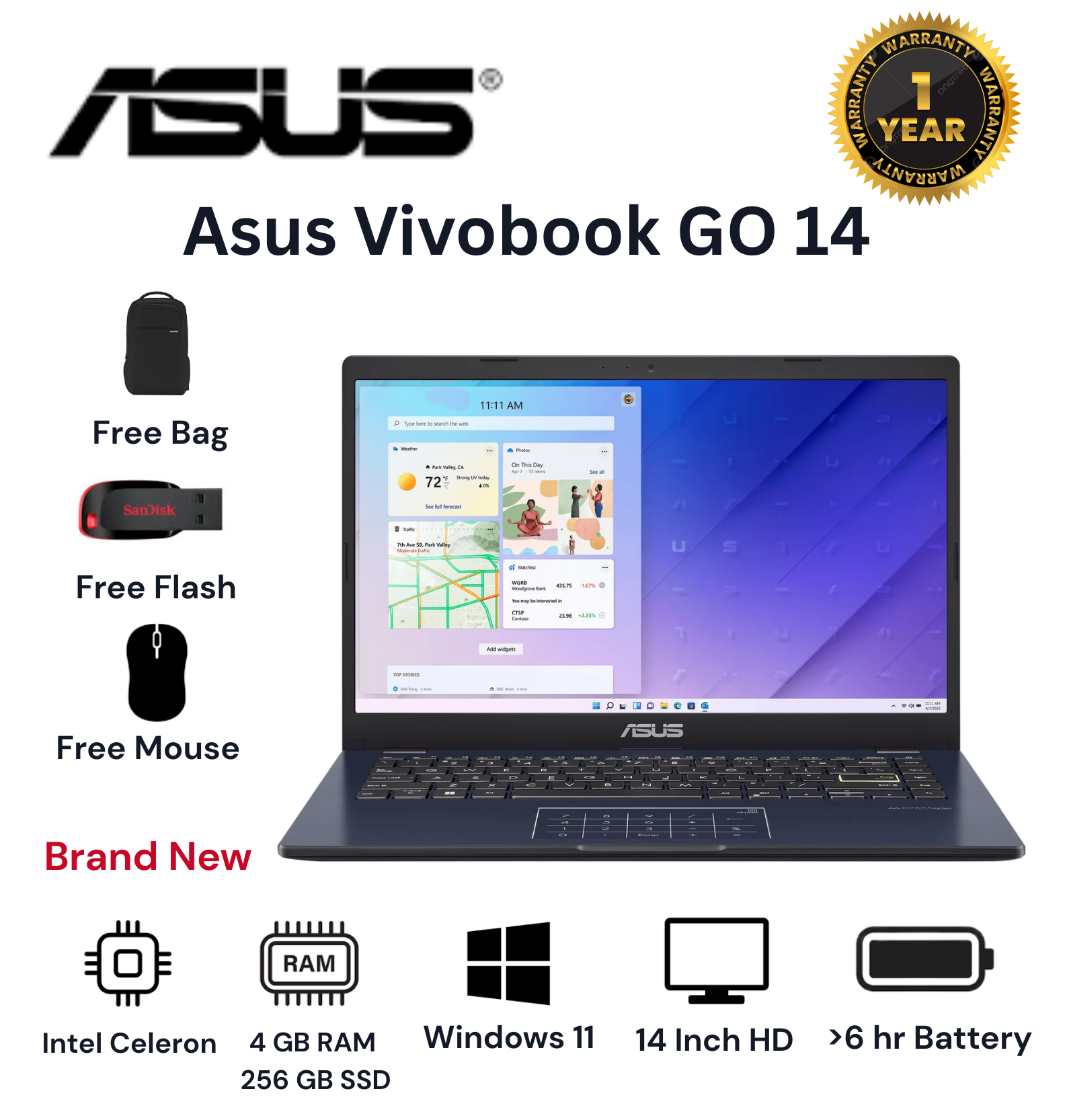 {Free mouse+Bag+flash} Brand New Asus Vivobook GO 14 Intel Celeron 4GB RAM 256GB SSD 14" FHD Display Windows 11 Brand New Laptop Computer Notebook New Laptops Black Best School Laptop for students