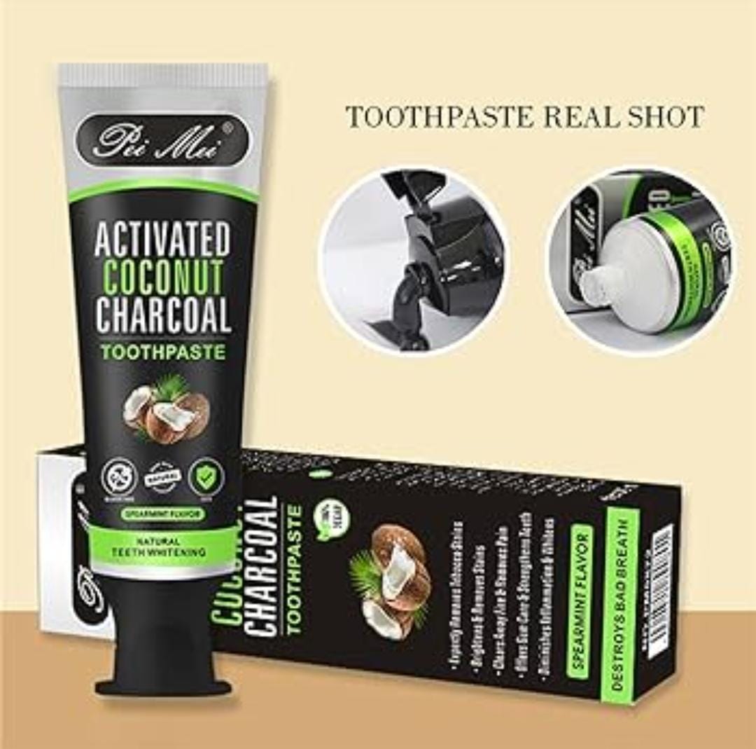 Coconut charcoal toothpaste for brightening and removing stains. It offers gum care and strengthens teeth.