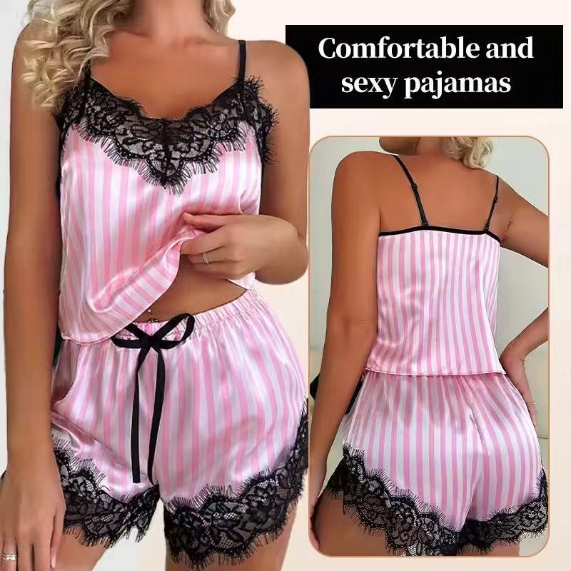 Summer Women's Sexy Home Casual Camisole Pajama Set with Pink and White Stripes Paired with Lace Edge V-Neck Sexy Pajama Set