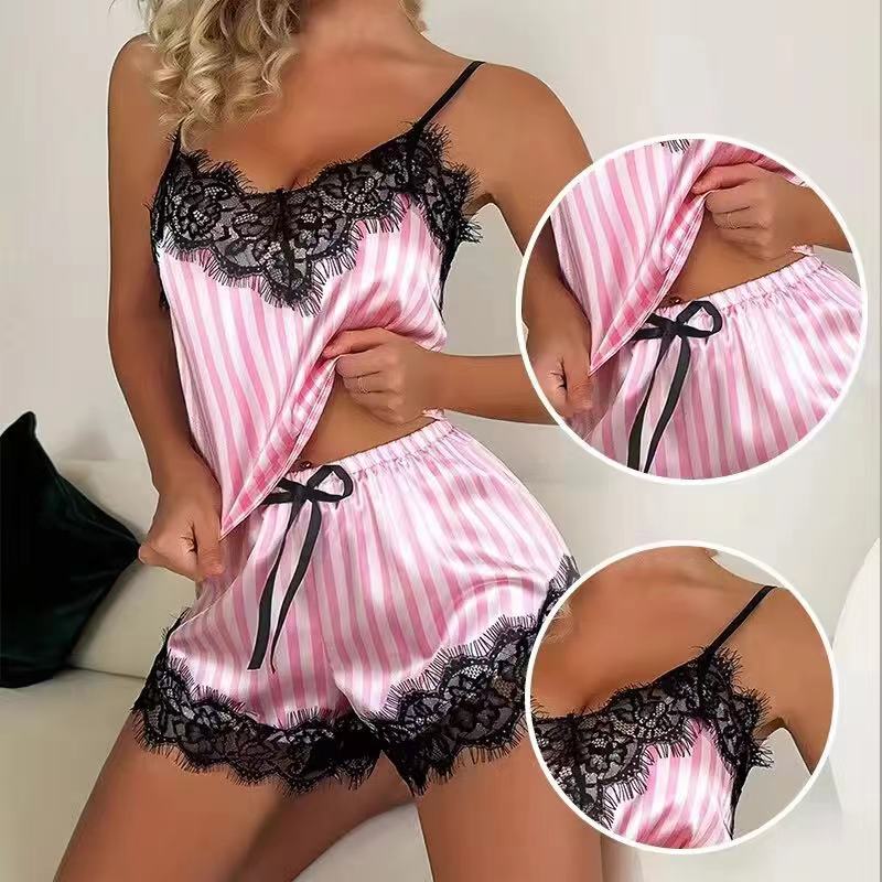 Summer Women's Sexy Home Casual Camisole Pajama Set with Pink and White Stripes Paired with Lace Edge V-Neck Sexy Pajama Set