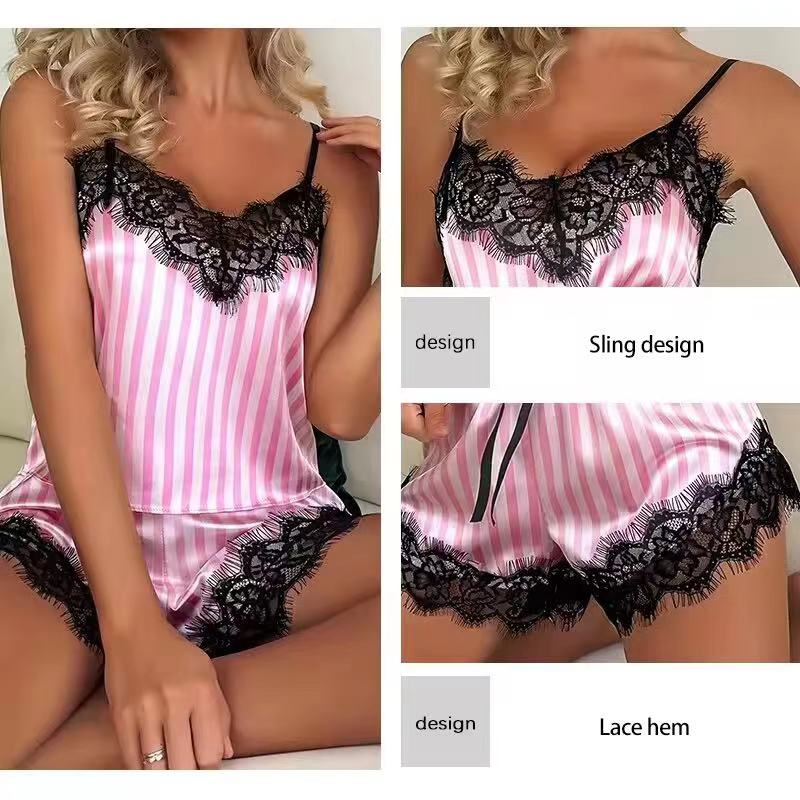 Summer Women's Sexy Home Casual Camisole Pajama Set with Pink and White Stripes Paired with Lace Edge V-Neck Sexy Pajama Set