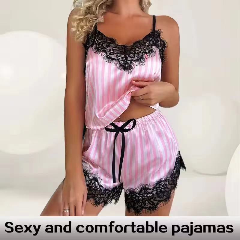 Summer Women's Sexy Home Casual Camisole Pajama Set with Pink and White Stripes Paired with Lace Edge V-Neck Sexy Pajama Set