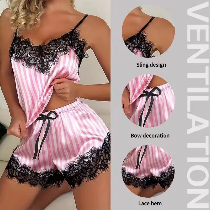 Summer Women's Sexy Home Casual Camisole Pajama Set with Pink and White Stripes Paired with Lace Edge V-Neck Sexy Pajama Set