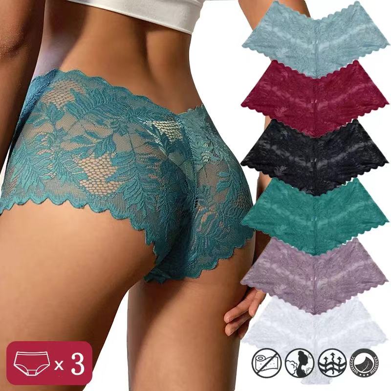 3Pcs/Set Women Lace Boyshorts Underpants Low Rise Panties Ladies Fashion Floral Lace Underwear  Girls Panty Intimates