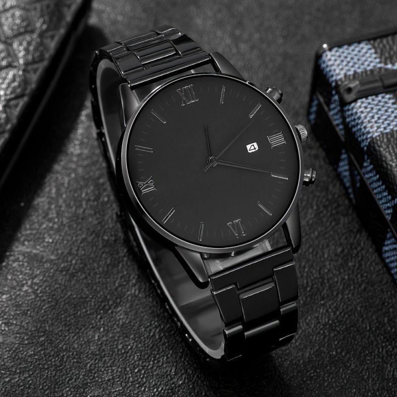 4pcs/set, Men's Simple Pointer Round Black Calendar Quartz Watch and Black Cross Pendant Necklace, Ring, Bracelet,With Box Gift for Him