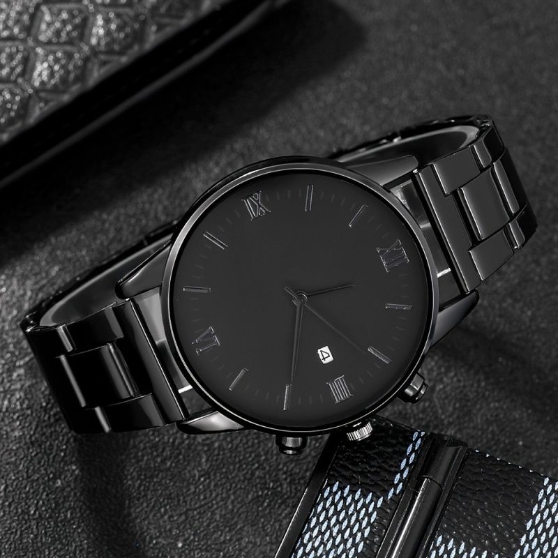 4pcs/set, Men's Simple Pointer Round Black Calendar Quartz Watch and Black Cross Pendant Necklace, Ring, Bracelet,With Box Gift for Him