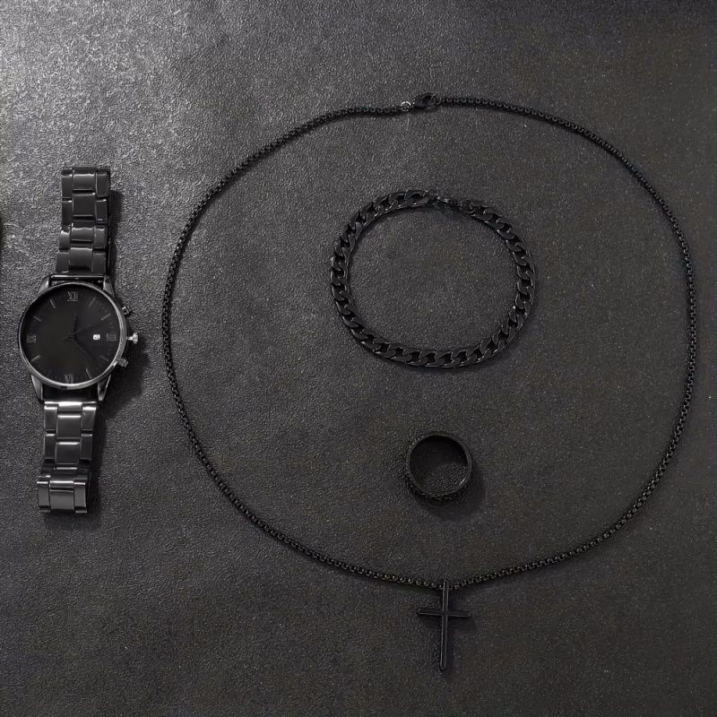 4pcs/set, Men's Simple Pointer Round Black Calendar Quartz Watch and Black Cross Pendant Necklace, Ring, Bracelet,With Box Gift for Him