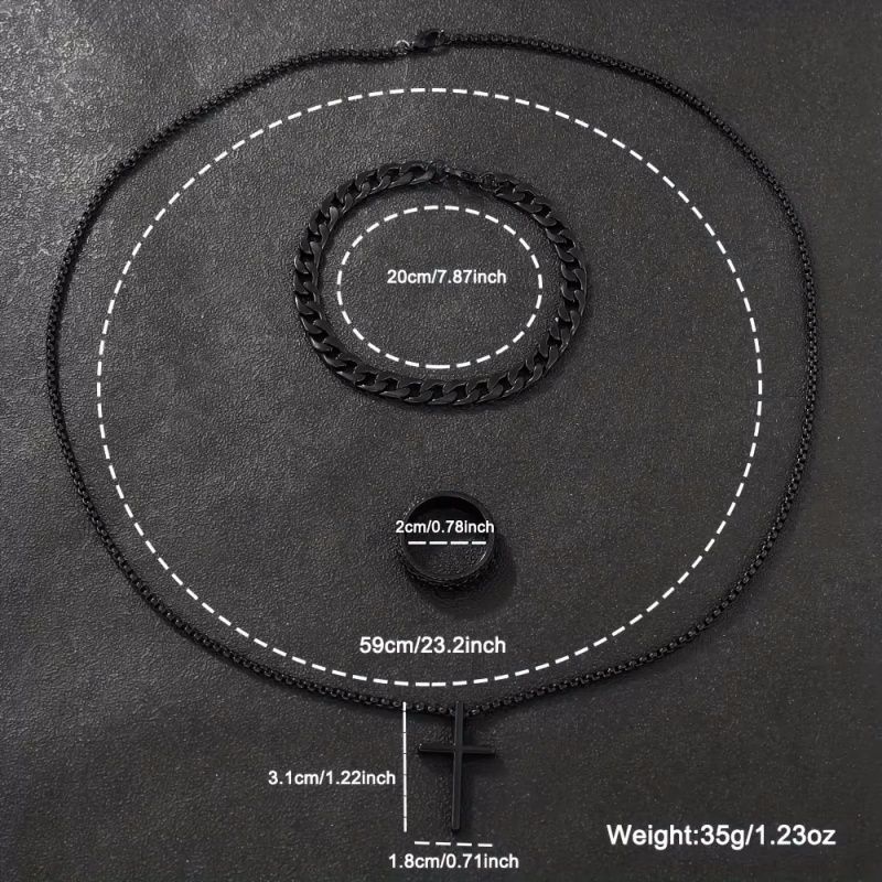 4pcs/set, Men's Simple Pointer Round Black Calendar Quartz Watch and Black Cross Pendant Necklace, Ring, Bracelet,With Box Gift for Him