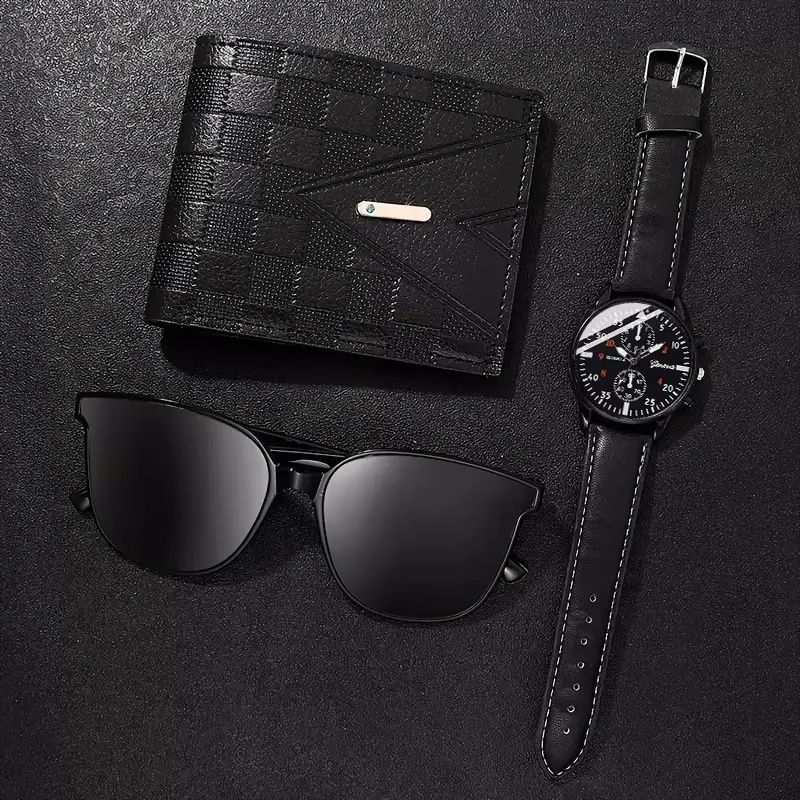 3 PCS Set Men's Set Of  Watches Belts Wallets Sunglasses  Exquisite Gifts 3Pcs Men's Quartz Watch And Wallet