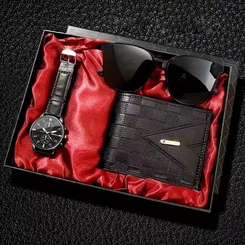 3 PCS Set Men's Set Of  Watches Belts Wallets Sunglasses  Exquisite Gifts 3Pcs Men's Quartz Watch And Wallet