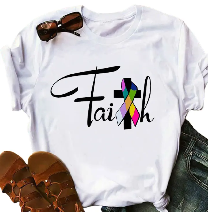 White Printed Short Sleeve T-Shirt For  Girl Floral Patchwork Crew Neck Top Women's Fashion Cross-Border