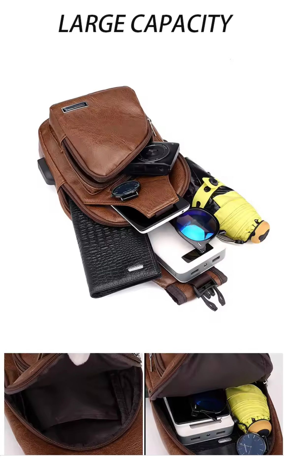 New Stylish and Luxurious PU Leather Sling Bag with Zipper, a Casual and Business Men's Chest Bag Made of Soft PU with Simple Design