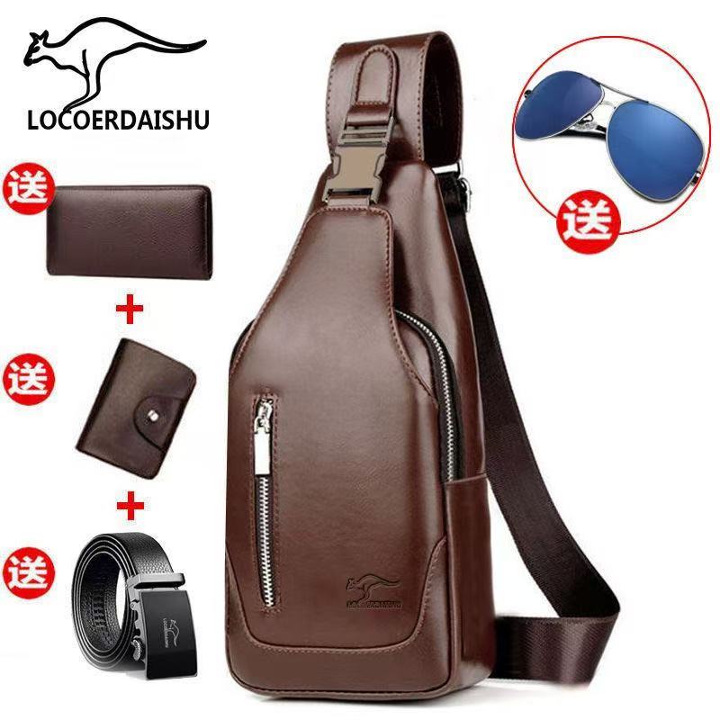 Men's double - pull large - capacity stylish casual chest bag with lock buckle, ultra - versatile. Spacious with smart compartments. Buy 1 get 4 free: belt, card holder, glasses, wallet included!