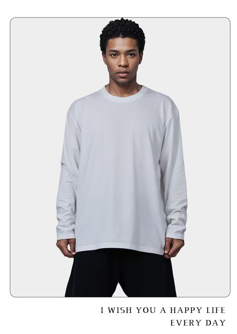230g Heavyweight Men's Crew Neck Spring And Autumn Solid Color Pure Cotton Top Loose Casual Base Layer Long Sleeve T-Shirt