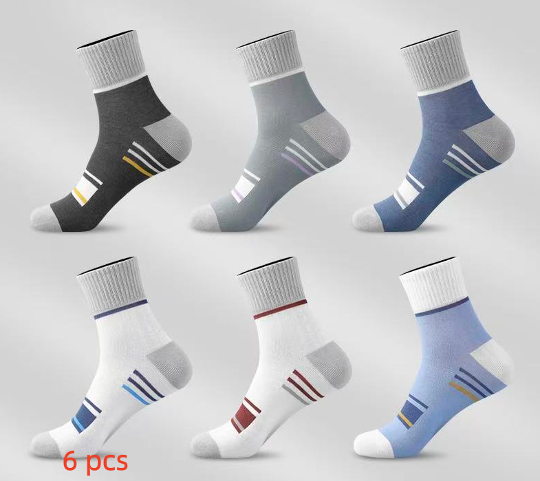 6 Pairs Of Men's Mid-Calf Sports Socks With Elasticity, Quick-Drying, Comfort, Breathability, Spring And Autumn Odor-Resistant, Sweat-Absorbing Sports Men's Socks, Multi-Purpose Set, Men's Socks