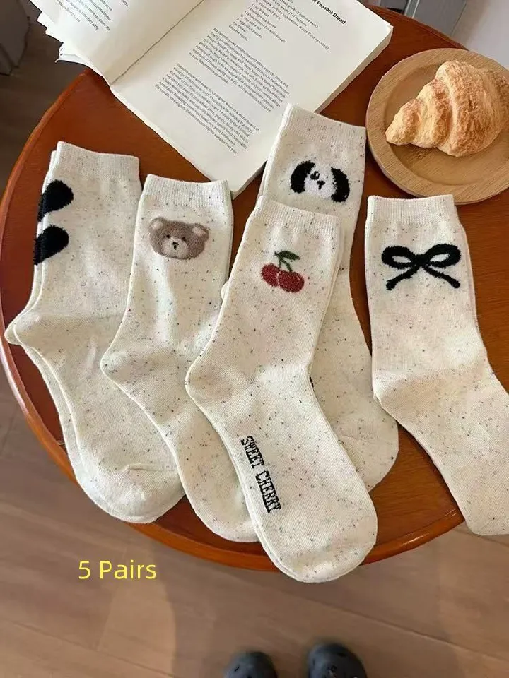 5 Pairs Of Women's 100% Cotton Mid-Calf Socks, Spring And Summer Women's INS Trendy Socks, Cute Knee-High Socks, Women's Breathable And Odor-Resistant Socks