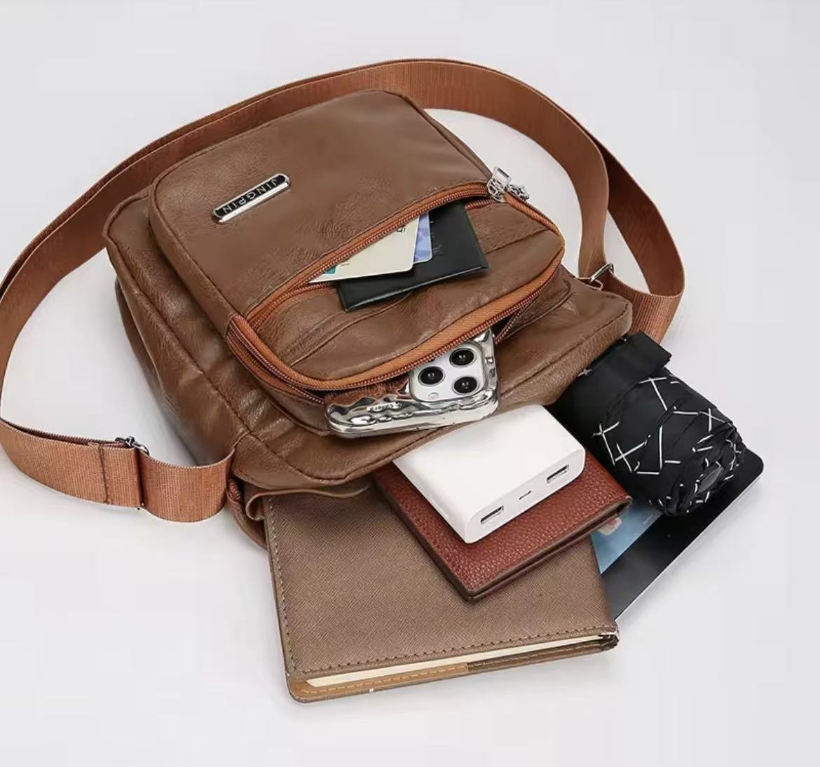 New Style PU Soft Leather Textured Single-Shoulder Bag Men's Business Commuting Minimalist Crossbody Bag Large-Capacity Storage Fashionable Single-Shoulder Waterproof Casual Multi-Pocket Men