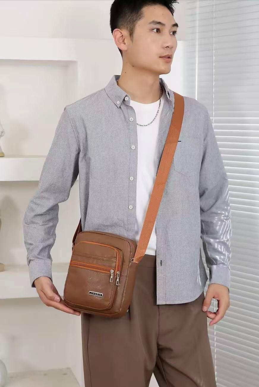 New Style PU Soft Leather Textured Single-Shoulder Bag Men's Business Commuting Minimalist Crossbody Bag Large-Capacity Storage Fashionable Single-Shoulder Waterproof Casual Multi-Pocket Men