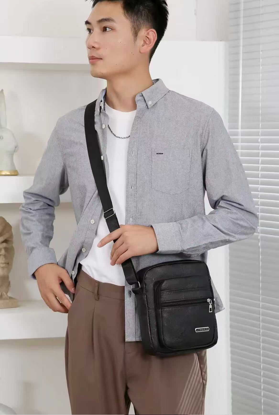 New Style PU Soft Leather Textured Single-Shoulder Bag Men's Business Commuting Minimalist Crossbody Bag Large-Capacity Storage Fashionable Single-Shoulder Waterproof Casual Multi-Pocket Men