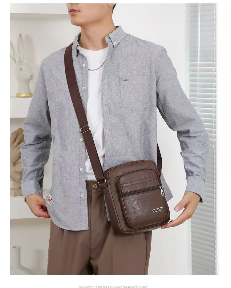 New Style PU Soft Leather Textured Single-Shoulder Bag Men's Business Commuting Minimalist Crossbody Bag Large-Capacity Storage Fashionable Single-Shoulder Waterproof Casual Multi-Pocket Men