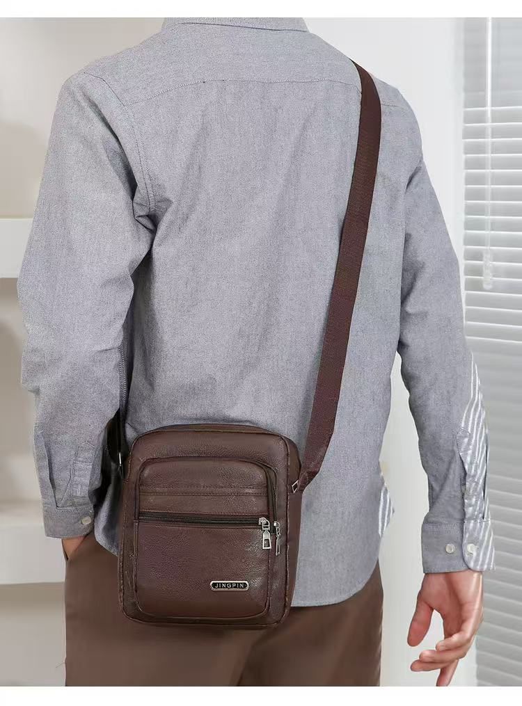 New Style PU Soft Leather Textured Single-Shoulder Bag Men's Business Commuting Minimalist Crossbody Bag Large-Capacity Storage Fashionable Single-Shoulder Waterproof Casual Multi-Pocket Men