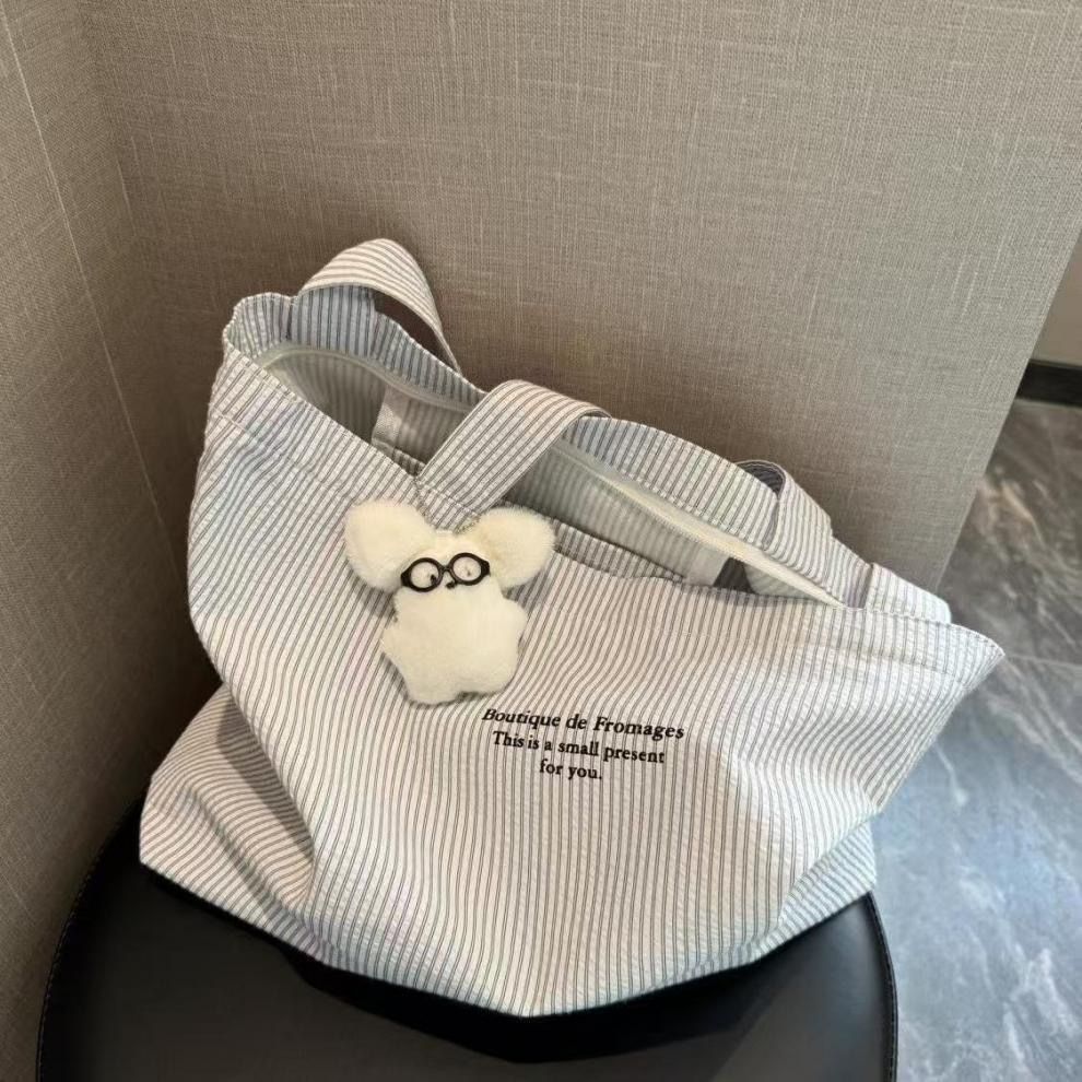 2025 New Casual Striped Lazy Minimalist Canvas Tote Bag - Large-Capacity Commuting Single-Shoulder Bag, Versatile & Lowest Price Online