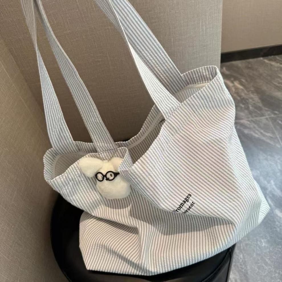 2025 New Casual Striped Lazy Minimalist Canvas Tote Bag - Large-Capacity Commuting Single-Shoulder Bag, Versatile & Lowest Price Online