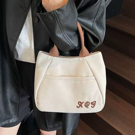 Retro Canvas Tote Bag with Zipper Closure and Embroidery Women's Handheld Tote for Work Commute Leisure Travel