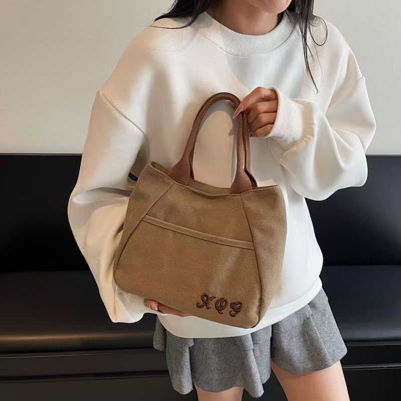 Retro Canvas Tote Bag with Zipper Closure and Embroidery Women's Handheld Tote for Work Commute Leisure Travel