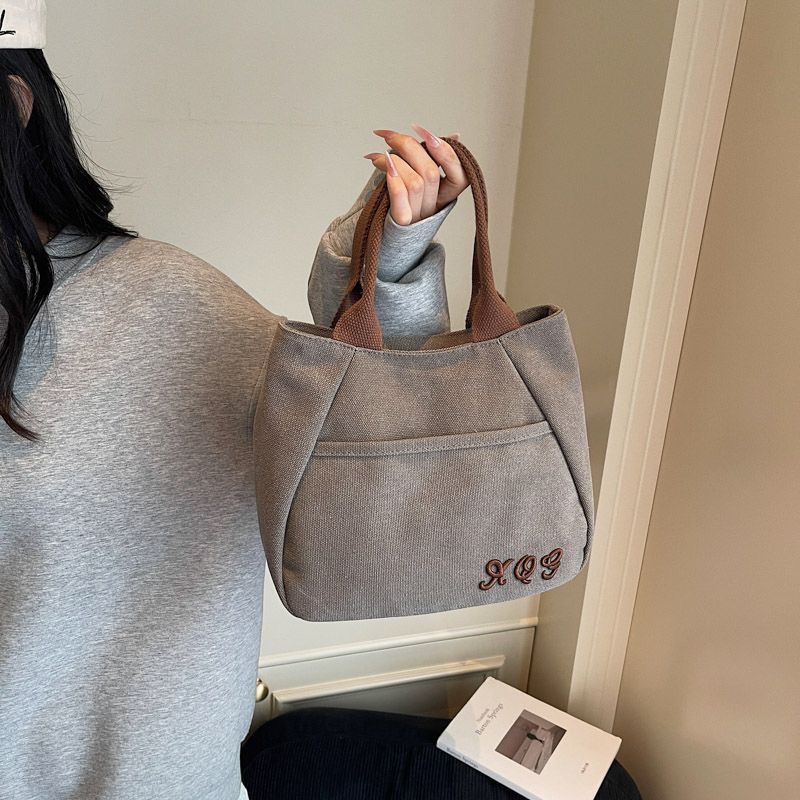 Retro Canvas Tote Bag with Zipper Closure and Embroidery Women's Handheld Tote for Work Commute Leisure Travel