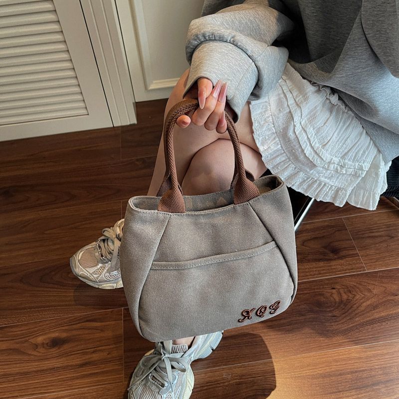 Retro Canvas Tote Bag with Zipper Closure and Embroidery Women's Handheld Tote for Work Commute Leisure Travel