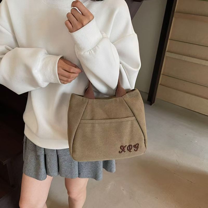 Retro Canvas Tote Bag with Zipper Closure and Embroidery Women's Handheld Tote for Work Commute Leisure Travel