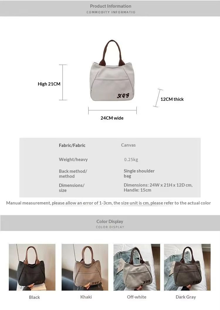 Retro Canvas Tote Bag with Zipper Closure and Embroidery Women's Handheld Tote for Work Commute Leisure Travel