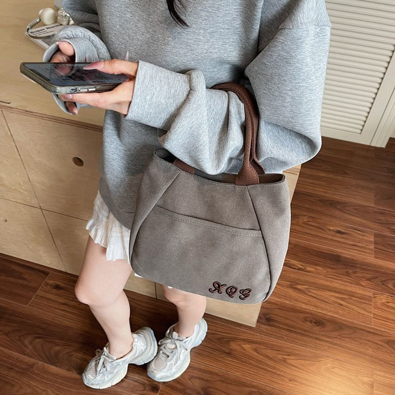 Retro Canvas Tote Bag with Zipper Closure and Embroidery Women's Handheld Tote for Work Commute Leisure Travel