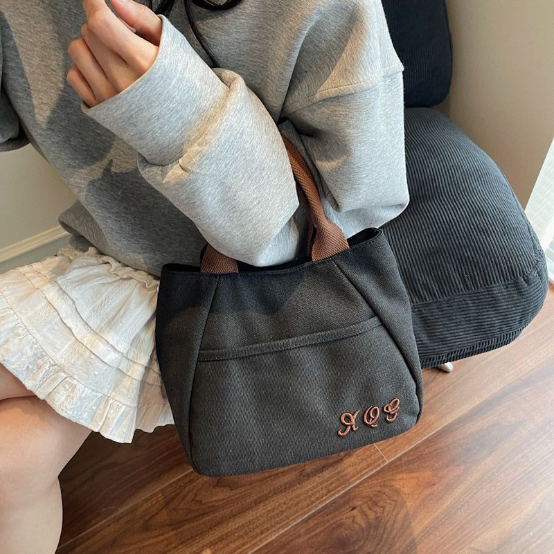 Retro Canvas Tote Bag with Zipper Closure and Embroidery Women's Handheld Tote for Work Commute Leisure Travel