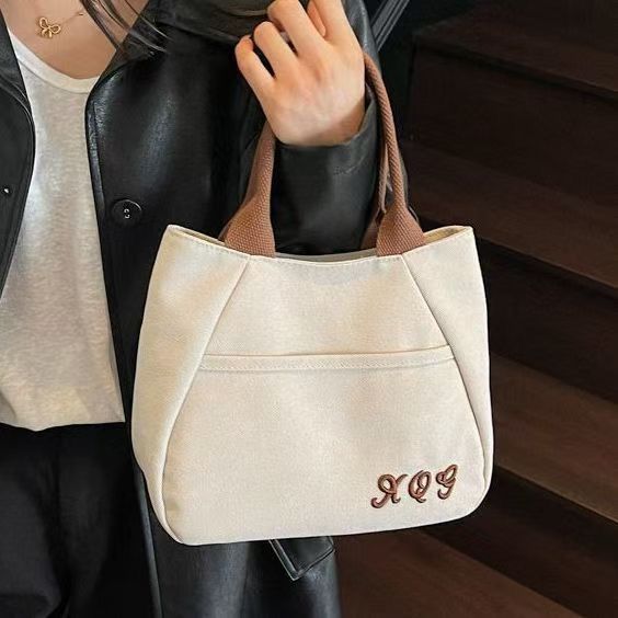 Retro Canvas Tote Bag with Zipper Closure and Embroidery Women's Handheld Tote for Work Commute Leisure Travel