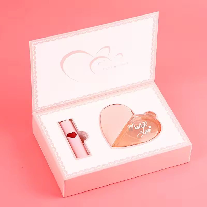 Bestselling Pink Heart Gift Box High Appearance Long Lasting Moisturizing Color Rich Women Perfume and Lipstick Set