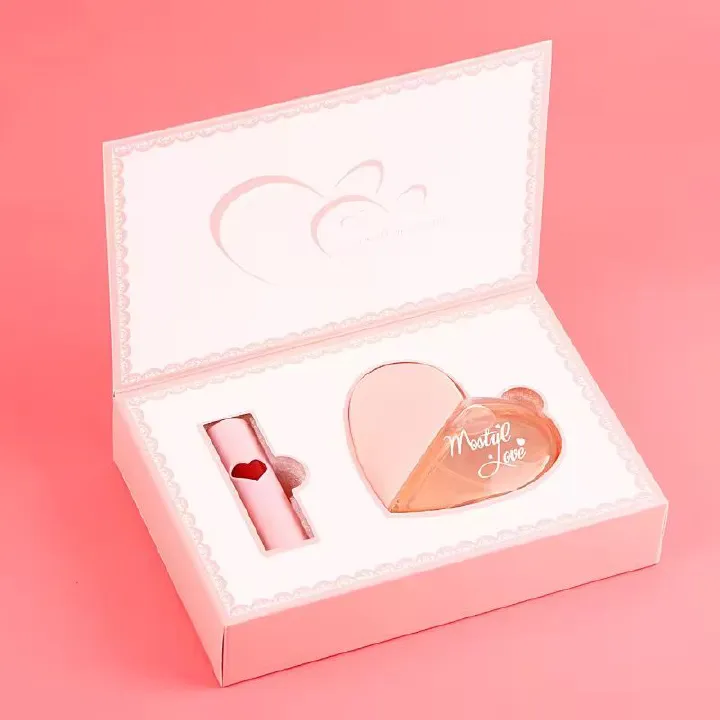 Bestselling Pink Heart Gift Box High Appearance Long Lasting Moisturizing Color Rich Women Perfume and Lipstick Set