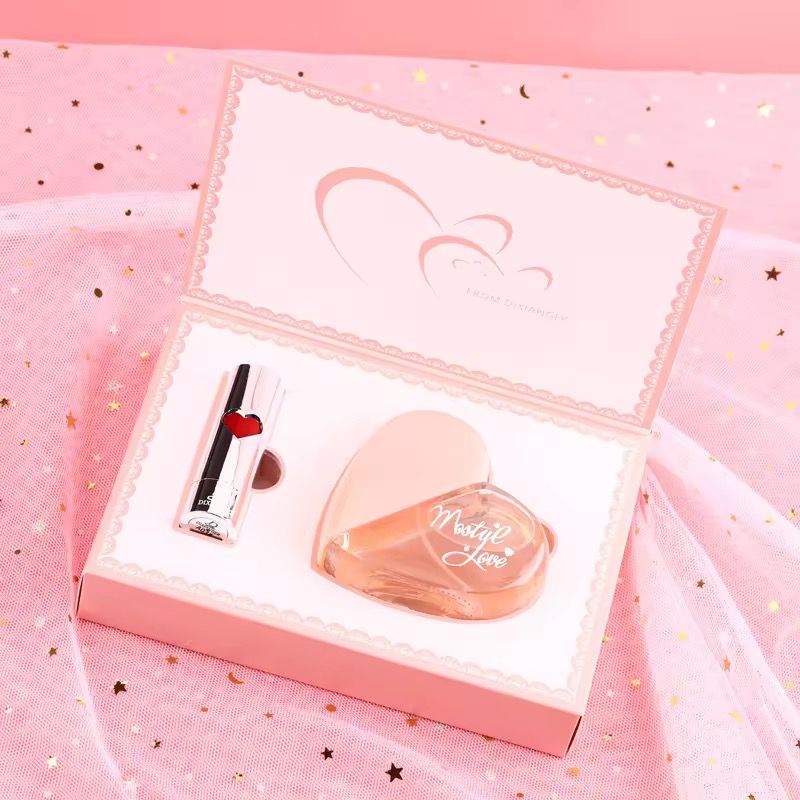 Bestselling Pink Heart Gift Box High Appearance Long Lasting Moisturizing Color Rich Women Perfume and Lipstick Set