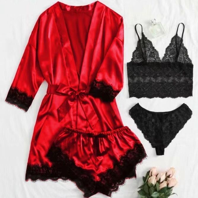 2024  Women's Pajamas Satin The Big Size Long Sleeve Womens Pajamas  Lace Lingerie Nightwear Underwear Sleepwear 3PC Suit Pajama Sets  Nightgown Underwear Nightdress Suit