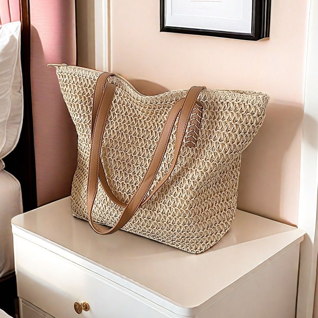 Casual Summer French Style Large Capacity Beach Bag Woven Shoulder Tote Bag Polyester Reusable Handbag for Women Beach Bag