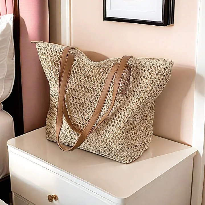 Casual Summer French Style Large Capacity Beach Bag Woven Shoulder Tote Bag Polyester Reusable Handbag for Women Beach Bag