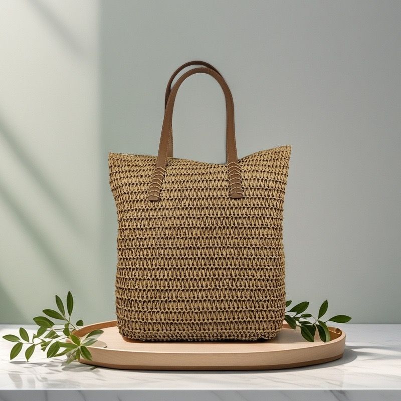 Casual Summer French Style Large Capacity Beach Bag Woven Shoulder Tote Bag Polyester Reusable Handbag for Women Beach Bag