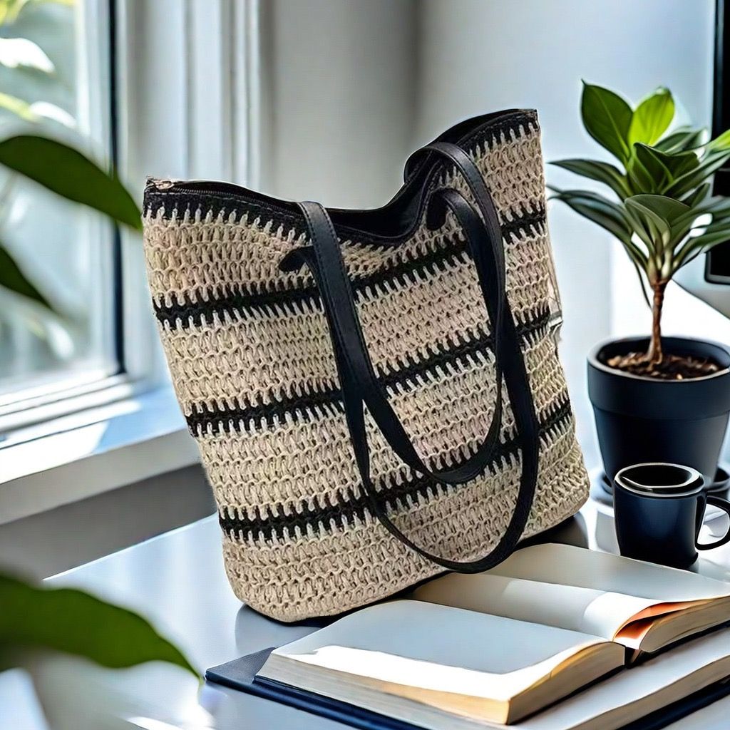Casual Summer French Style Large Capacity Beach Bag Woven Shoulder Tote Bag Polyester Reusable Handbag for Women Beach Bag