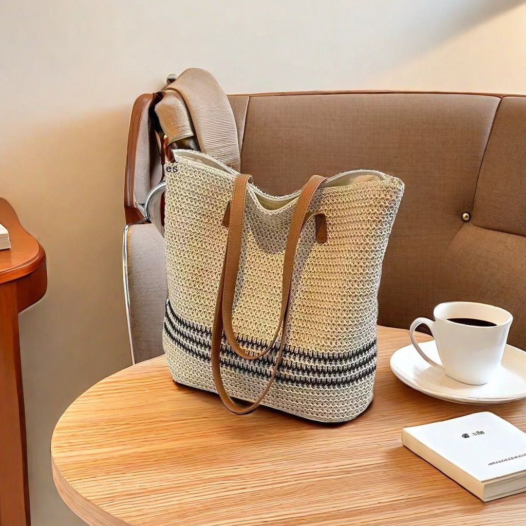 Casual Summer French Style Large Capacity Beach Bag Woven Shoulder Tote Bag Polyester Reusable Handbag for Women Beach Bag