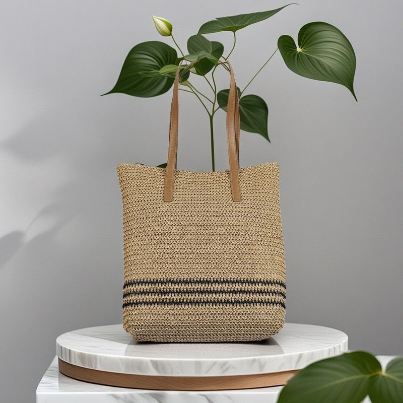 Casual Summer French Style Large Capacity Beach Bag Woven Shoulder Tote Bag Polyester Reusable Handbag for Women Beach Bag