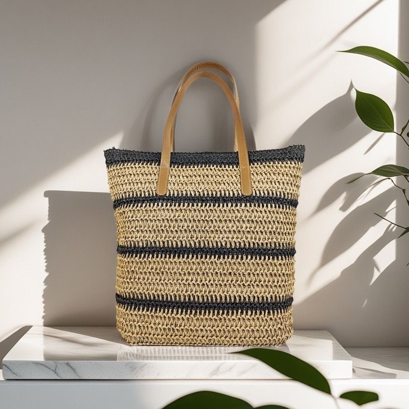 Casual Summer French Style Large Capacity Beach Bag Woven Shoulder Tote Bag Polyester Reusable Handbag for Women Beach Bag
